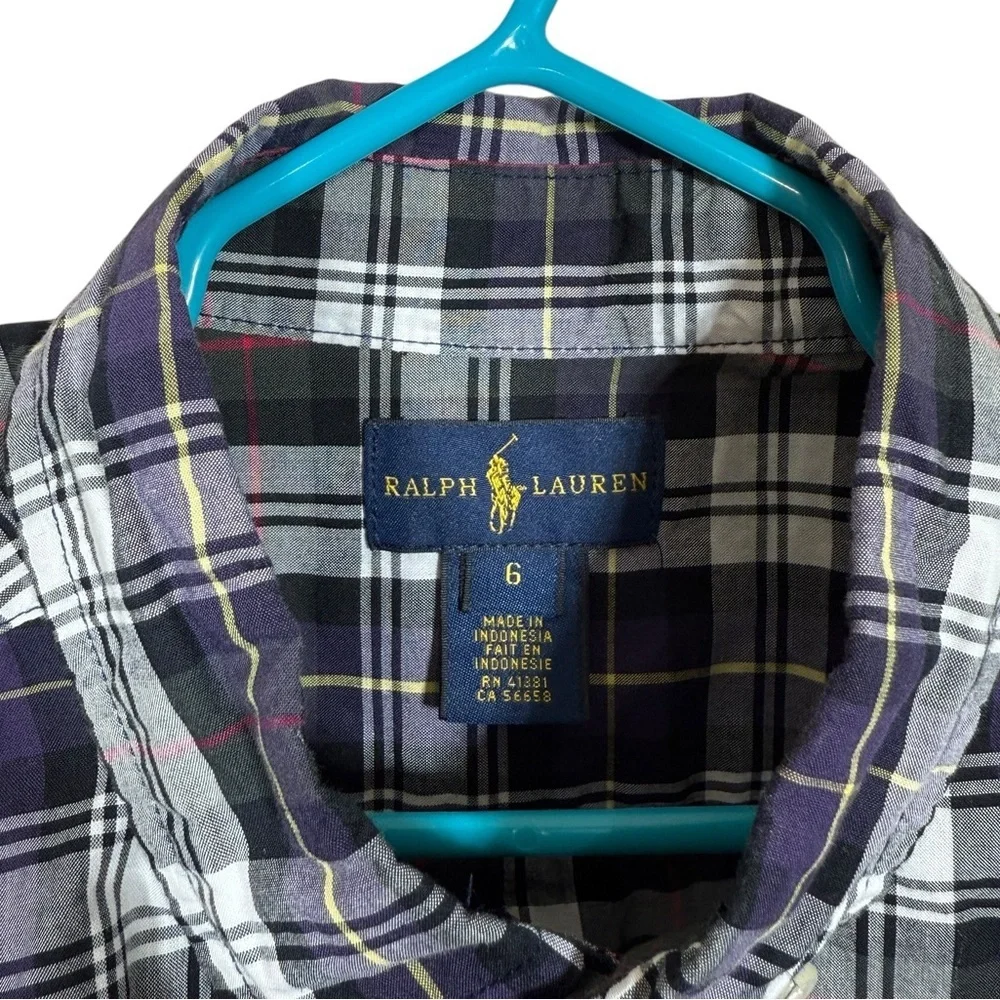 Ralph Lauren Boys Black Purple Plaid Long Sleeve Button Down Shirt
